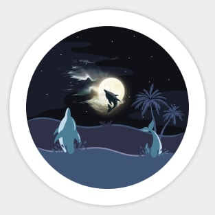 Dolphins Playing in Moonlight Sticker